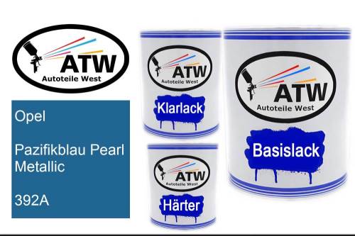 Opel, Pazifikblau Pearl Metallic, 392A: 1L Lackdose + 1L Klarlack + 500ml Härter - Set, von ATW Autoteile West.